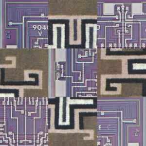 Image of circuitboard tiles interleaved with Native American patterned tiles